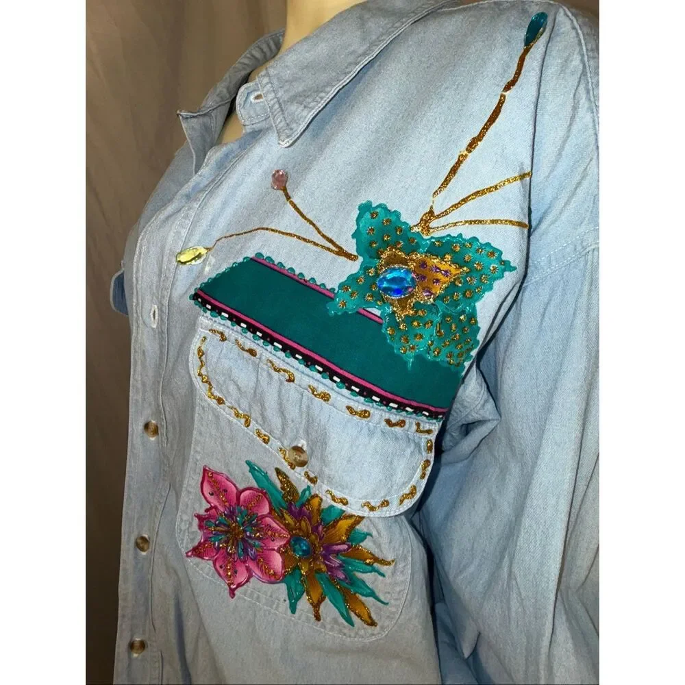 Basic Editions Oversized Denim Shirt 3X – Hand Embellished Floral & Butterfly We